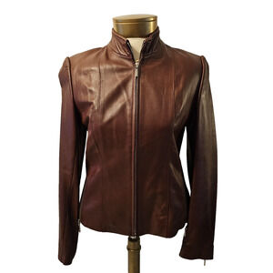 Rosleen Ladies SM Burgundy Brown Leather Biker Zip Jacket Martha Jones Dr Who